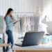 Digital tablet computer or laptop on home office desk with asia freelance seller woman happy packing check busy work in fashion studio SME online store social e-commerce sale page service web support.