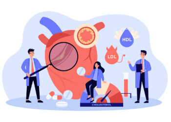 Doctors examining heart of patient suffering from high cholesterol, blood pressure and cardiovascular system disease. Flat vector illustration for health care, anatomy, heart attack risk concept
