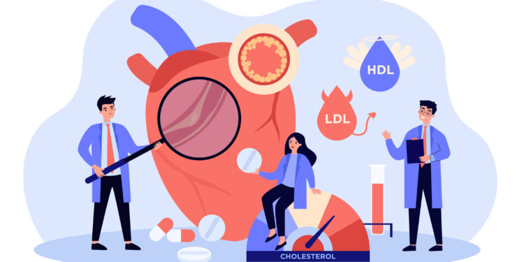 Doctors examining heart of patient suffering from high cholesterol, blood pressure and cardiovascular system disease. Flat vector illustration for health care, anatomy, heart attack risk concept