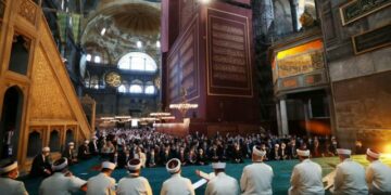 Turkey's President Tayyip Erdogan attends Friday prayers at Hagia Sophia Grand Mosque, for the first time after it was once again declared a mosque after 86 years, in Istanbul, Turkey, July 24, 2020. Murat Cetinmuhurdar/PPO/Handout via REUTERS THIS IMAGE HAS BEEN SUPPLIED BY A THIRD PARTY. NO RESALES. NO ARCHIVES.
