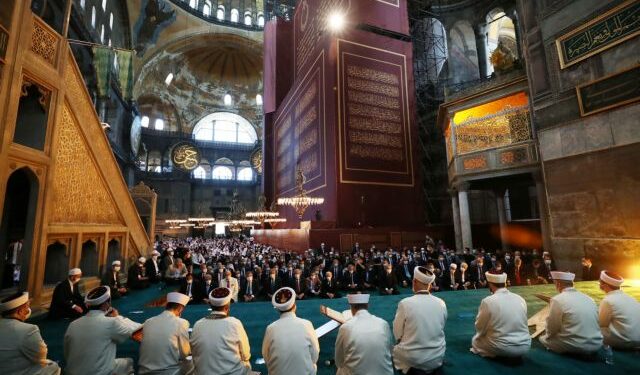 Turkey's President Tayyip Erdogan attends Friday prayers at Hagia Sophia Grand Mosque, for the first time after it was once again declared a mosque after 86 years, in Istanbul, Turkey, July 24, 2020. Murat Cetinmuhurdar/PPO/Handout via REUTERS THIS IMAGE HAS BEEN SUPPLIED BY A THIRD PARTY. NO RESALES. NO ARCHIVES.