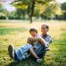 Mother and son play together in the park