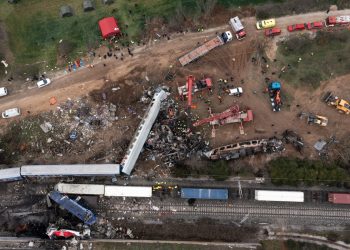 Rail accident involving a collision between a cargo and a passenger train at Tempi valley near Evangelismos village northern of Larissa city, Greece on March 1, 2023.
