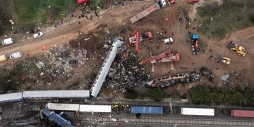 Rail accident involving a collision between a cargo and a passenger train at Tempi valley near Evangelismos village northern of Larissa city, Greece on March 1, 2023.