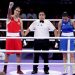 epa11515326 Imane Khelif (L) of Algeria is declared winner aber Angela Carini of Italy abandoned their bout in the Women 66kg preliminaries round of 16 against Imane Khelif of the Boxing competitions in the Paris 2024 Olympic Games, at the North Paris Arena in Villepinte, France, 01 August 2024.  EPA/YAHYA ARHAB