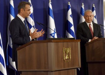 Israeli Prime Minister Benjamin Netanyahu, right,  and Greek Prime Minister Kyriakos Mitsotakis give joint statements in Jerusalem, Tuesday, June 16, 2020. (Debbie Hill, UPI Pool via AP)