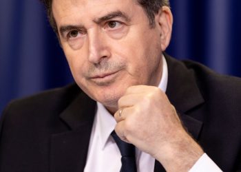 BRUSSELS, BELGIUM - MARCH 04: Greek Minister for Citizen Protection Michalis Chrisochoidis speaks to media about the situation on the Greek/Turkish border at the Justus Lipsius building the EU Council headquarter on March 4, 2020 in Brussels, Belgium. (Photo by Thierry Monasse/Getty Images)