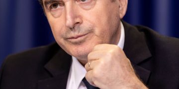BRUSSELS, BELGIUM - MARCH 04: Greek Minister for Citizen Protection Michalis Chrisochoidis speaks to media about the situation on the Greek/Turkish border at the Justus Lipsius building the EU Council headquarter on March 4, 2020 in Brussels, Belgium. (Photo by Thierry Monasse/Getty Images)