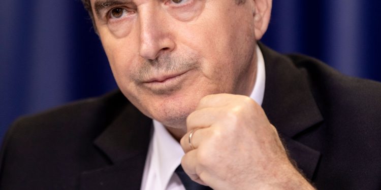 BRUSSELS, BELGIUM - MARCH 04: Greek Minister for Citizen Protection Michalis Chrisochoidis speaks to media about the situation on the Greek/Turkish border at the Justus Lipsius building the EU Council headquarter on March 4, 2020 in Brussels, Belgium. (Photo by Thierry Monasse/Getty Images)